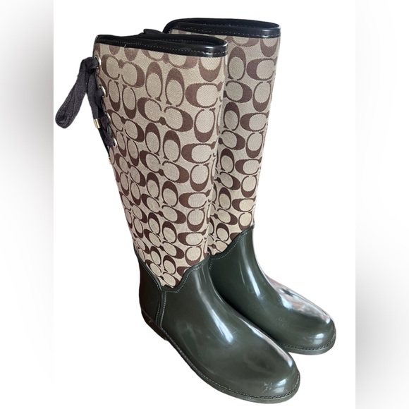 Coach Tristee Monogram Logo Print Coated Canvas Lace Up Back Tall Rain Boots 10 - Picture 1 of 15